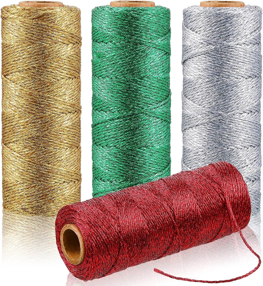 4 rollen kerst metallic bakkerstouw - Draad voor Decoraties - 100 Metres - Lambo Touw voor Ambachten - Armbanden - Cadeauverpakking of Ornamenten voor Kerstbomen (goud, zilver, rood, groen)