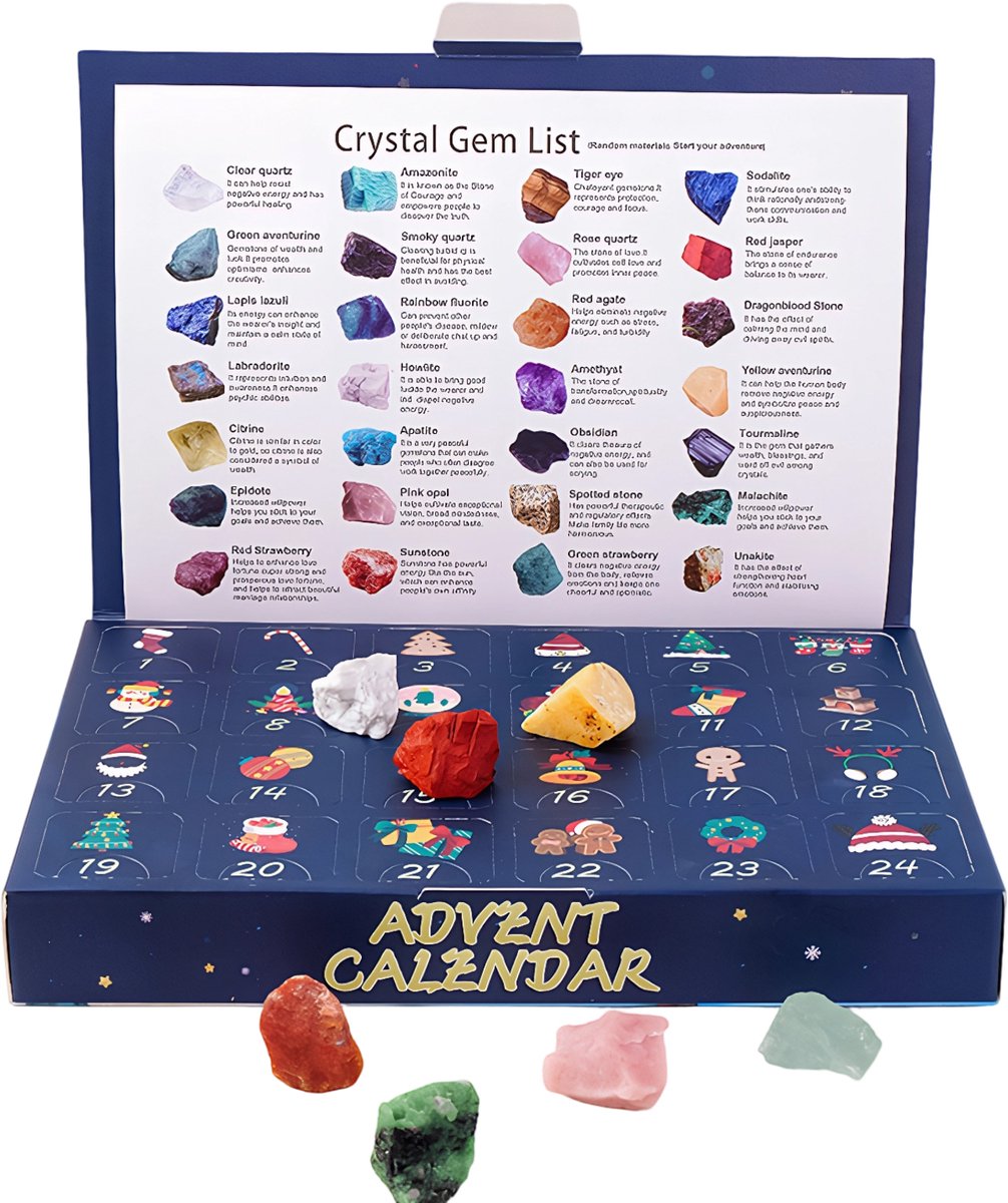 Kerstadventskalender – 24-daagse Kerstcountdownkalender Met Unieke Kristallen Voor Kinderen, Kristallen Steen Serie, Rolling Stones