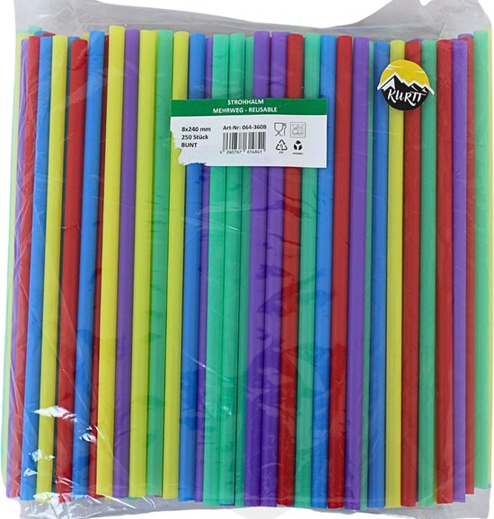 KURTT - 500 pailles en plastique - pailles réutilisables - 8 x 240 mm - multicolores (certifiées conformes à la norme européenne EN12875-1)