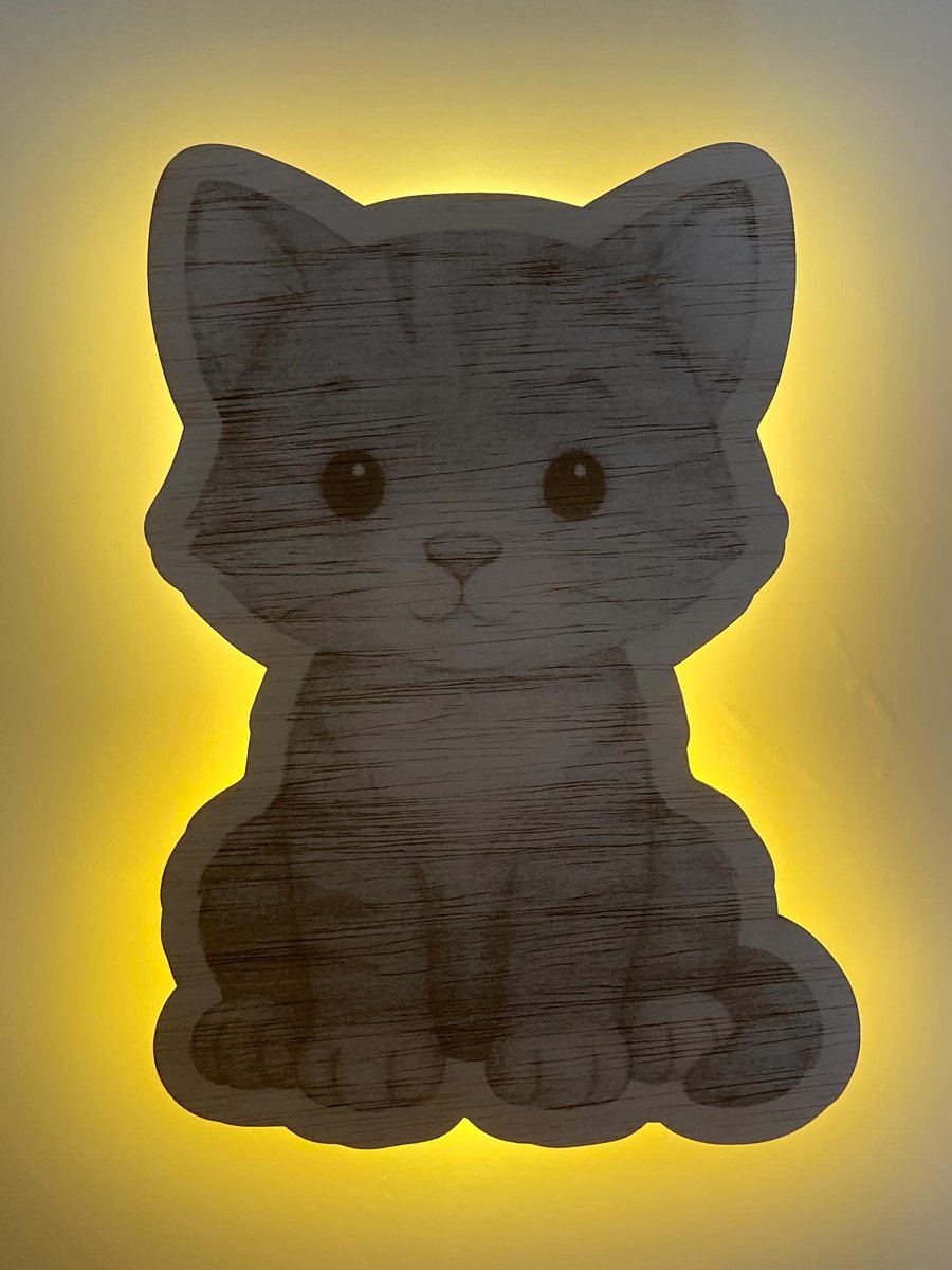 Houten Poes Nachtlampje – 26 cm – Met Afstandsbediening & Timer – Werkt op Batterijen