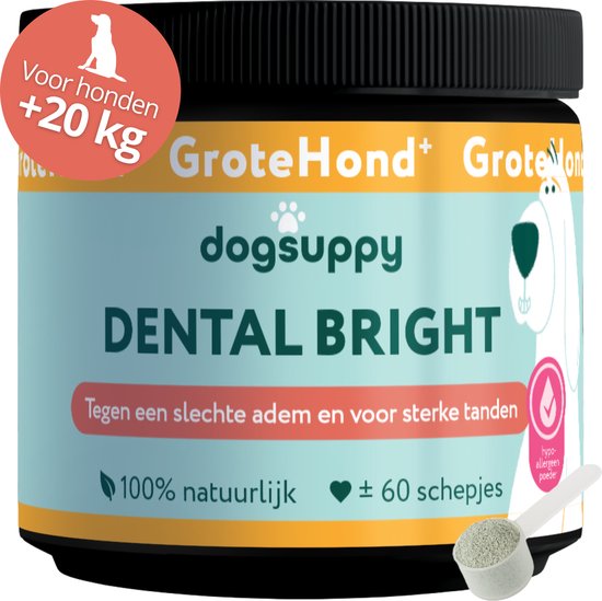 Dental Bright GroteHond⁺ - Gebitsverzorging poeder - Frisse Adem & Gezond Gebit - 60 schepjes - 100% Natuurlijk - Hypoallergeen - Vermindert Tandsteen & Tandplak - Wittere Tanden - Alternatief Tandpasta Hond & Tandenborstel - Voor Grote Honden +20kg