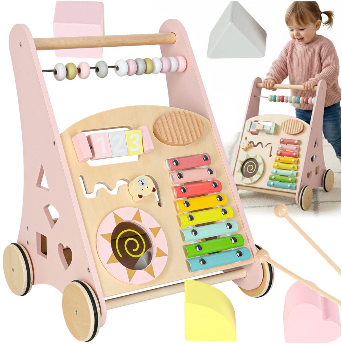 Playos® - Houten Looptrainer - Roze - met Antislip Wielen - Educatieve Looptrainer - Kralenspiraal, Vormenstoof, Xylofoon, Abacus en meer - Babywalker - Educatief Speelgoed - Leren Lopen - Loopwagen - Babyspeelgoed - Vormenstoof