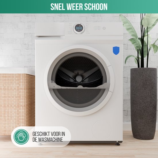 Witte wasmachine met een gesloten deur, geschikt voor de Avalo badmat.