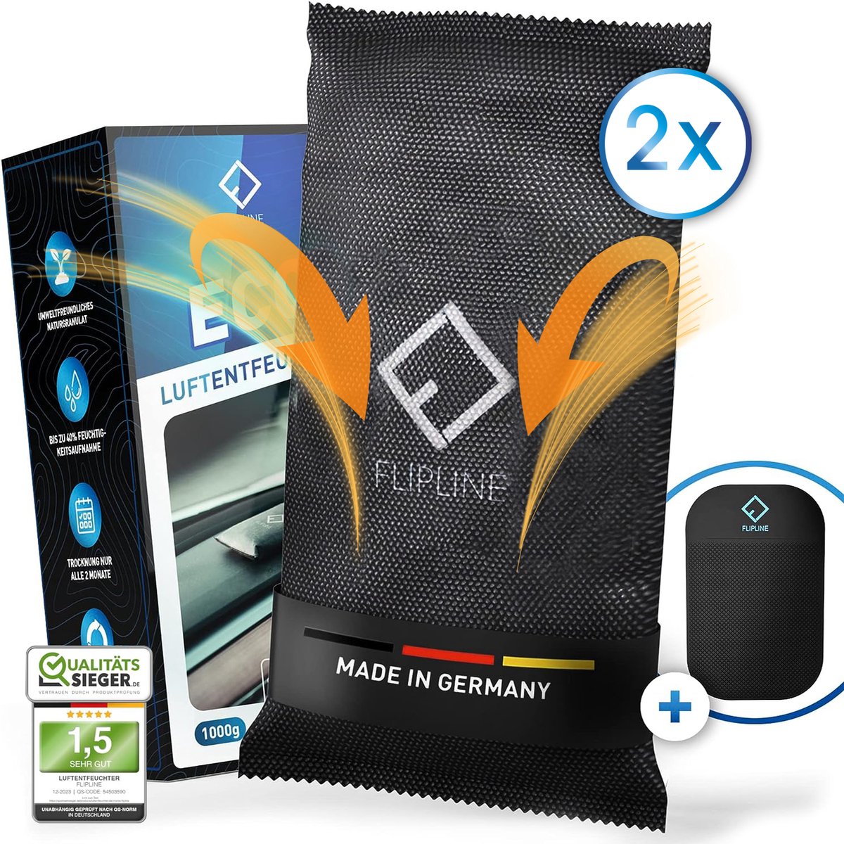 FLIPLINE Eco Luchtontvochtiger voor auto, set van 2 x 1 kg, inclusief antislip pad, herbruikbare autoontvochtiger tegen beslagen autoruiten, vochtkussen van natuurlijk granulaat
