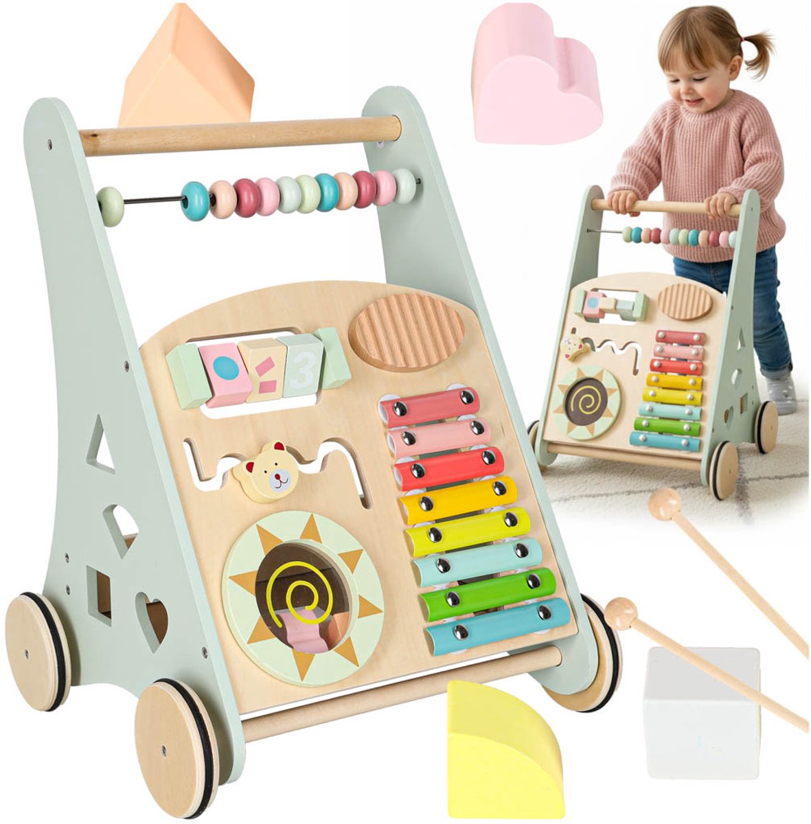 Playos® - Houten Looptrainer - Turquoise - met Antislip Wielen - Educatieve Looptrainer - Kralenspiraal, Vormenstoof, Xylofoon, Abacus en meer - Babywalker - Educatief Speelgoed - Leren Lopen - Loopwagen - Babyspeelgoed - Vormenstoof