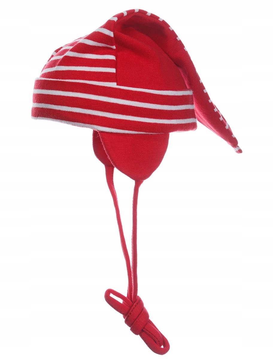 Baby muts met strik, rood gestreept, maat 43
