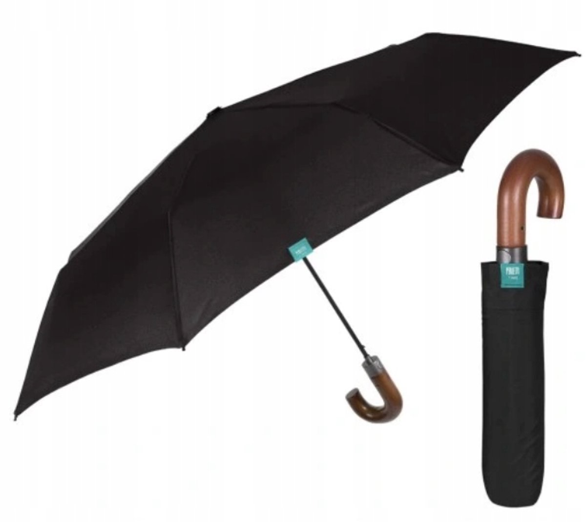 Perletti Automatische Paraplu Zwart, Opvouwbaar met Bruin Handvat & Hoes