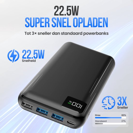 Strex Powerbank - 27.000 mAh - 22.5W Snellader - USB-A/USB-C - LED Indicatie - Universele Powerbank