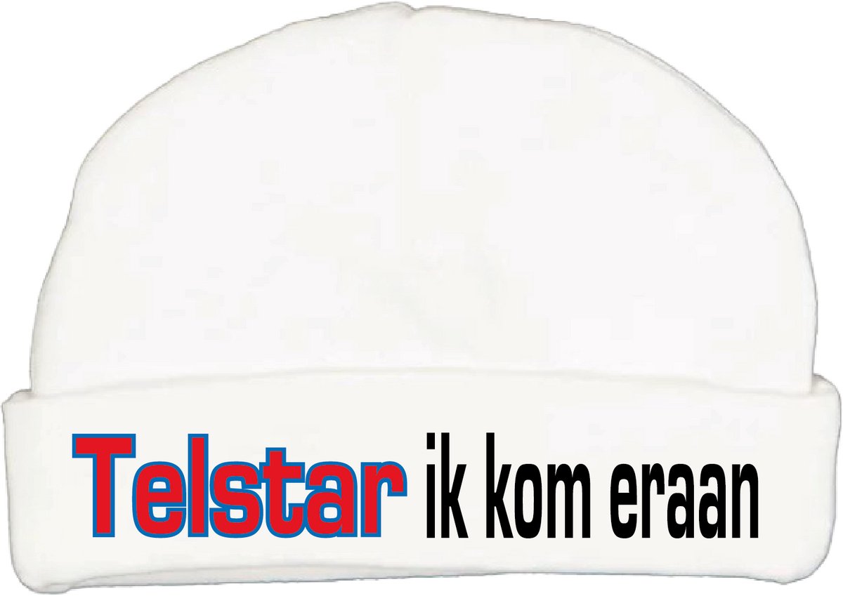 Babymutsje met de tekst: Telstar ik kom eraan !