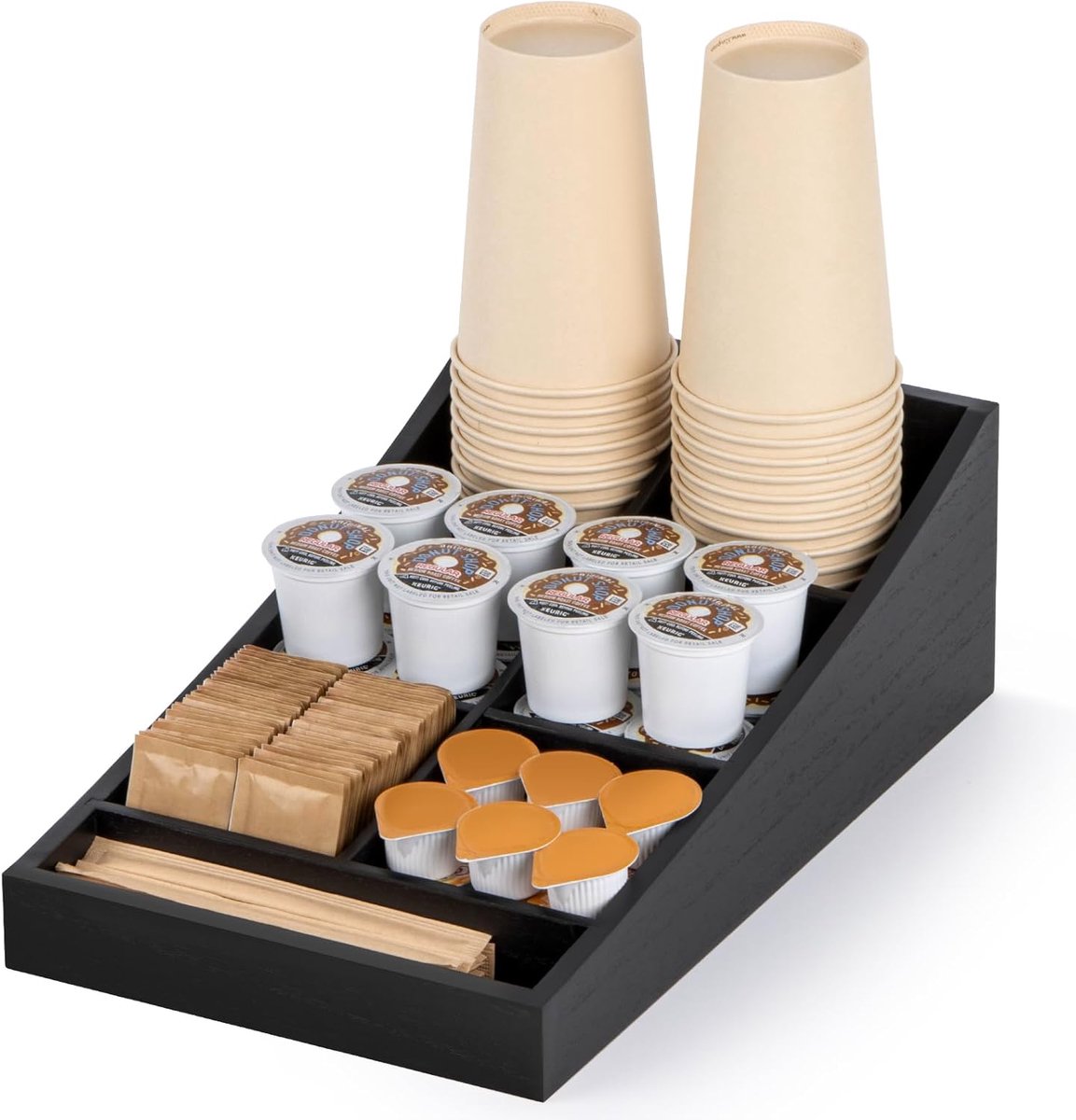 Famanu - Zwarte houten koffiestation organizer met 7 vakken, praktische opbergbox voor kruiden, bekers en koffieaccessoires