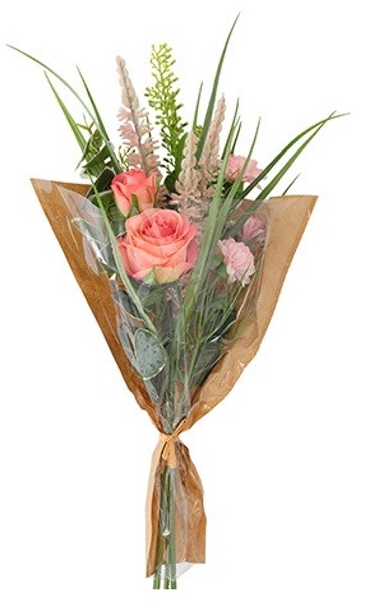 Countryfield kunstbloemen-boeket-roze-7 verschillende bloemen-met groen roze met groen