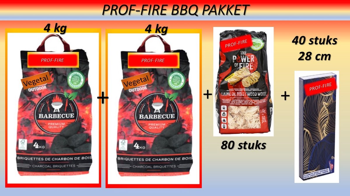 Prof-Fire | BBQ pakket - 2 Zakken BBQ Briketten 4 Kg (8 Kg) + 80 Houtwol Krullen + Extra Lange Lucifers 40 stuks / 28 cm - Kamado - BBQ - Vuurschaal..