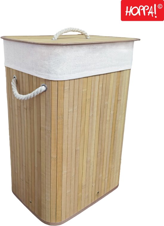 Hoppa! Grand panier à linge pliant en bambou, Panier de rangement, Bamboe, Beige, 40 x 30 x 60 cm