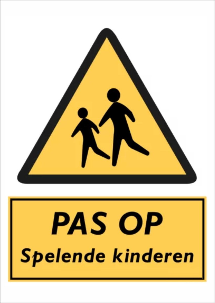 Pas op, spelende kinderen sticker - A3