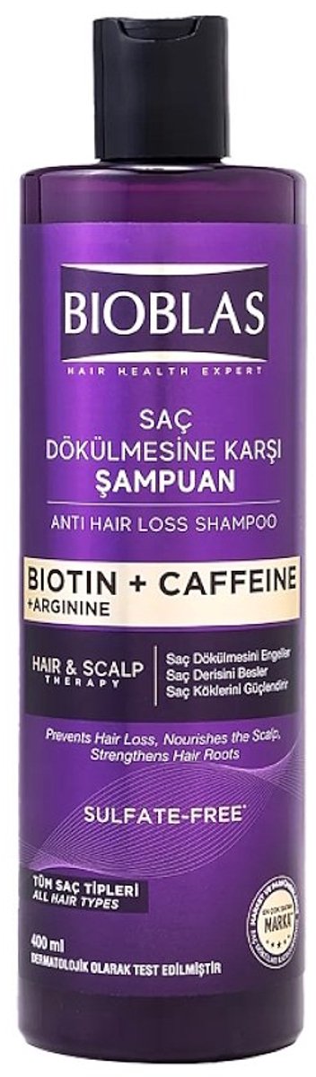 Bioblas Anti Hair Loss Shampoo – Biotin + Caffeine + Arginine – 400 ml – Tegen Haaruitval & Versterkt Haarwortels – Sulfaatvrij - cafeïne shampoo - shampoo met arginine - sulfaatvrije shampoo - shampoo voor haargroei - haarversterkende shampoo