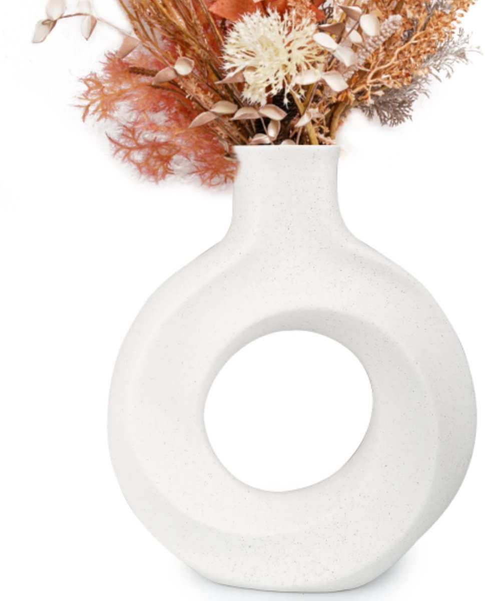 Grote Witte Keramische Vaas in Donut Vorm - 23cm
