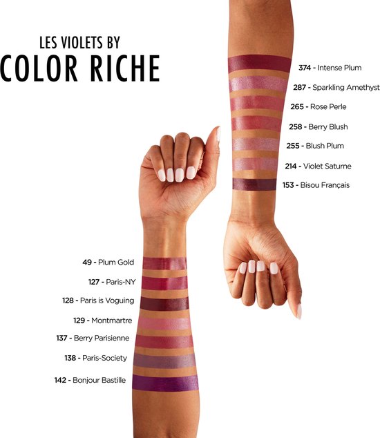 Lippen en armen met swatch-tests van L'Oréal Color Riche paarse en roze lipsticks.