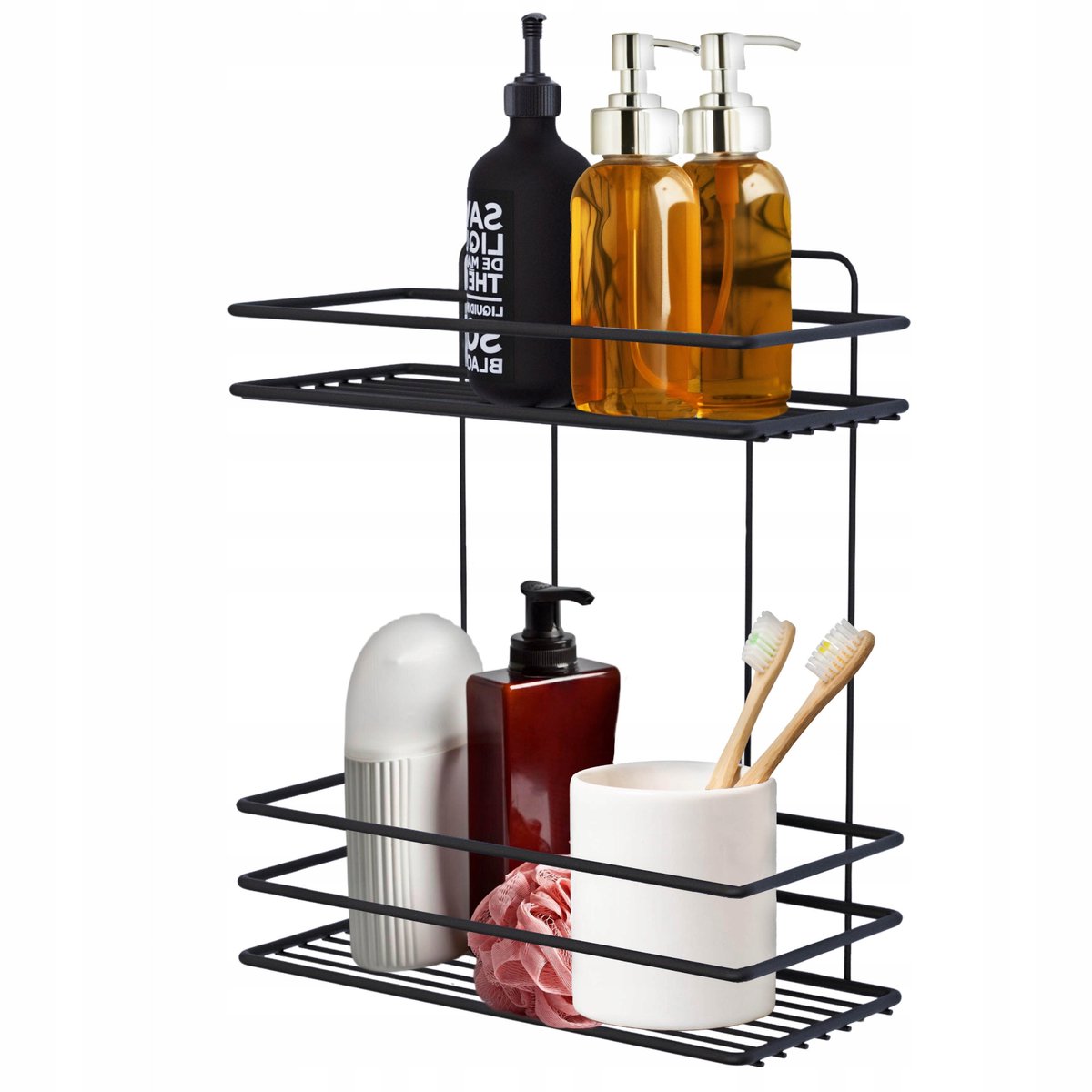 Zwarte Metalen Wandrek voor de Badkamer - 2 Niveaus, Zwart Mat