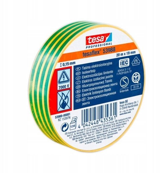 Tesa Isolatietape 19mm x 20m Geel Groen - Elektrische Bescherming | bol