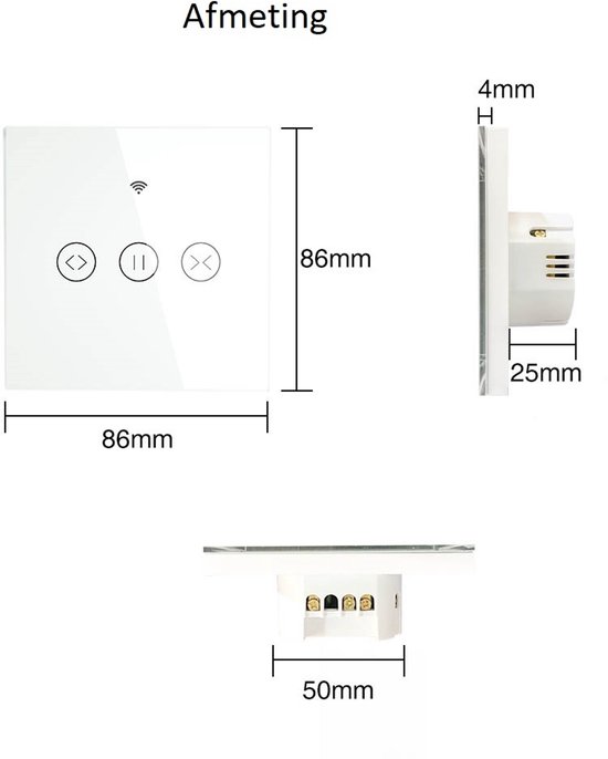 Afmetingen van een witte, vierkante smart switch met Wi-Fi symbool en bedieningsknoppen: 86x86mm.