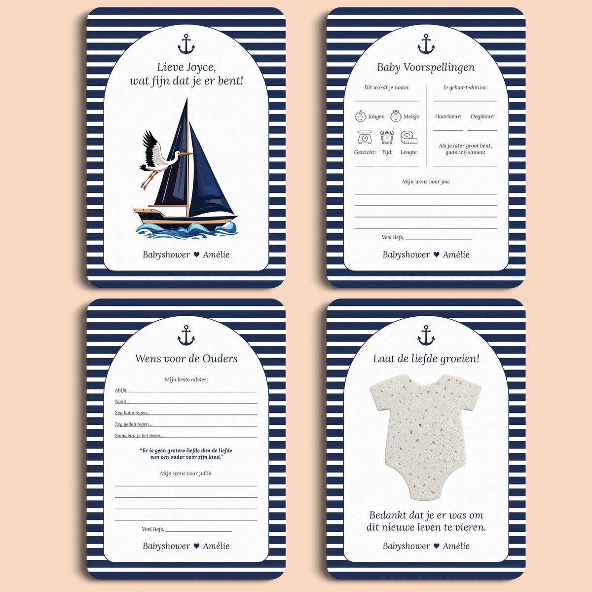Gepersonaliseerd Invulkaarten Starterspakket Navy Blue – 20 kaarten op Premium Biotop 300 g/m² – Voor Babyshower, Gender Reveal, Kraamborrel of Moment naar Keuze – Cadeau & Decoratie | Studio Miron