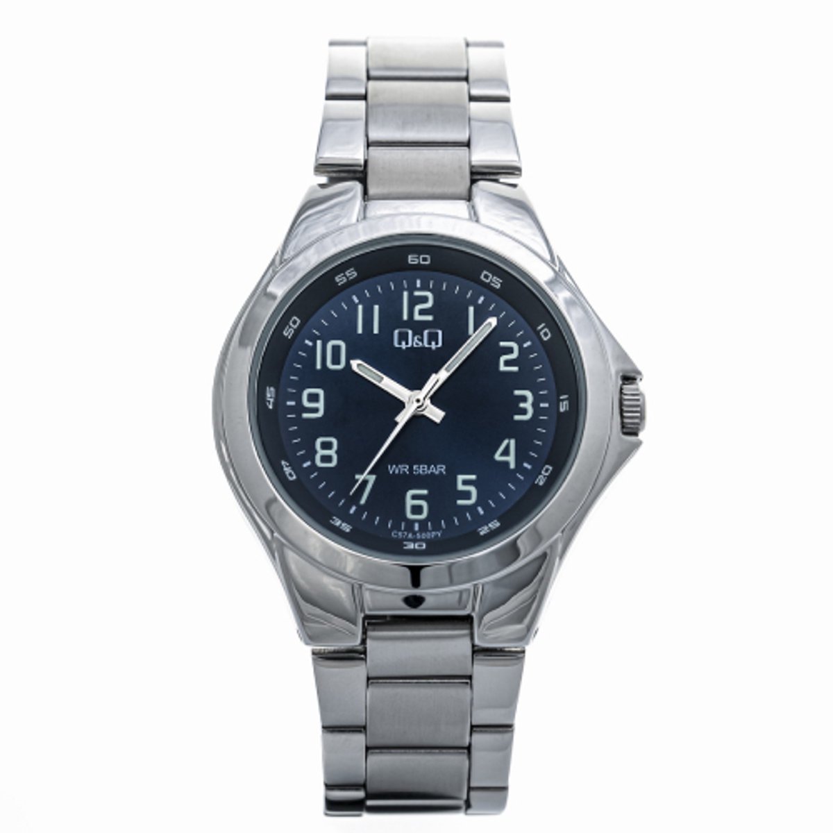 QQ-Herenhorloge-model c57a-500py-zilverkleurig-blauwe wijzerplaat-5 atm waterdicht-duidelijke wijzerplaat-schakelband-diameter 38 mm