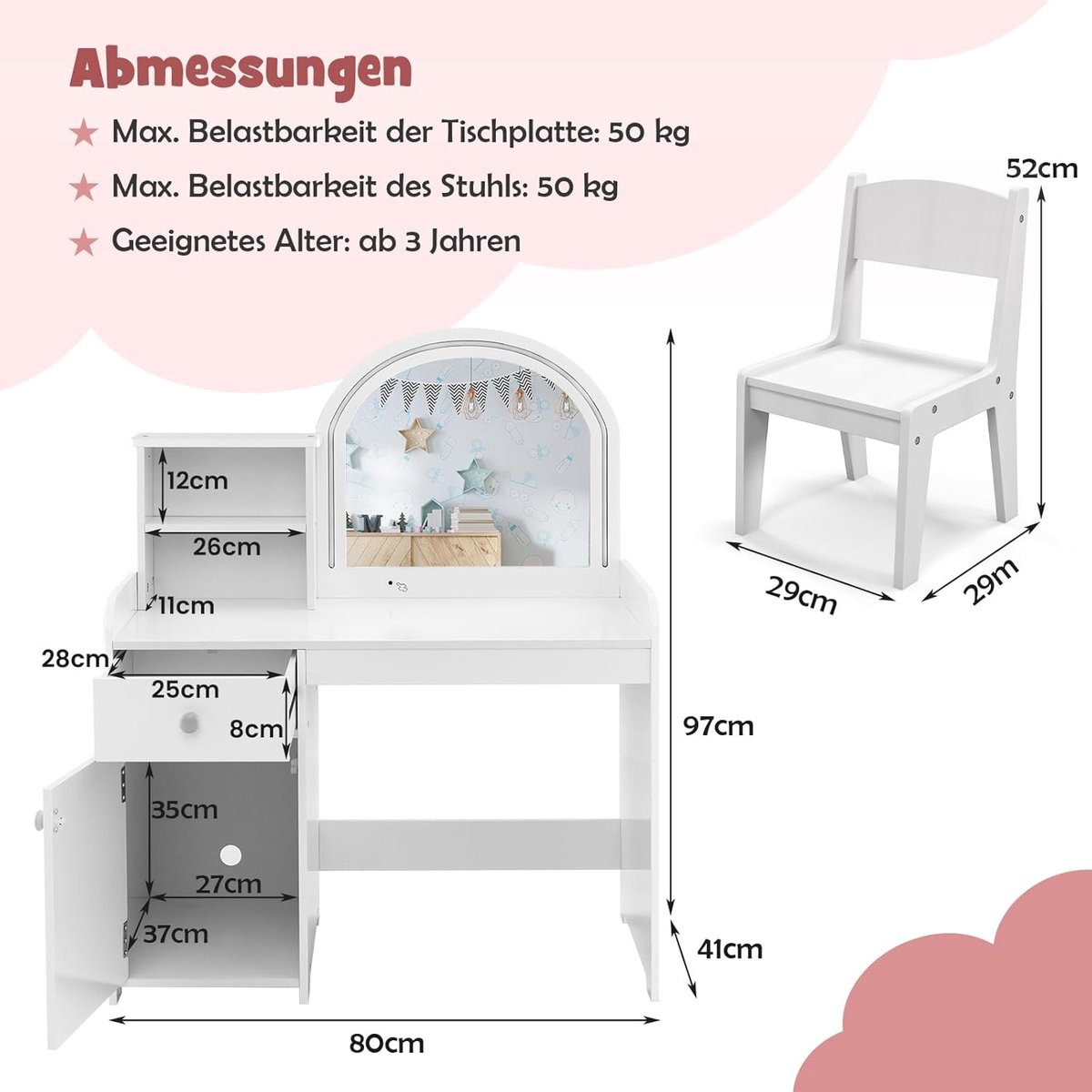 make-uptafel voor kinderen met kruk en led-spiegel, prinsessenkaptafel met lade en rek en kast, kindermake-uptafel, kinderkaptafel van hout voor meisjes Novihome