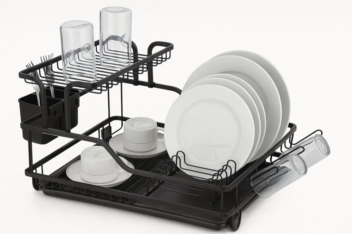 Bavary Afdruiprek met Lekbak - Afwasrek - Met Bestekhouder - 2 Laags - Aluminium - Zwart