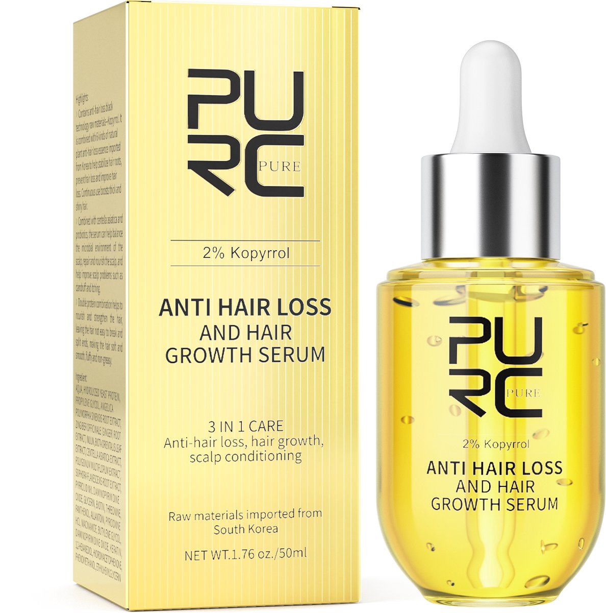 PURC Haarolie Serum 3in1 | 100% Puur | Biotine | Gemberolie | Ginseng | Keratine | Haargroei | Anti-Haaruitval | Haarverdikking | Hoofdhuidverzorging | Aromatherapie | Haarherstel | Natuurlijke Haarolie | Korean Skincare | Dikker Haar | Haarvolume |