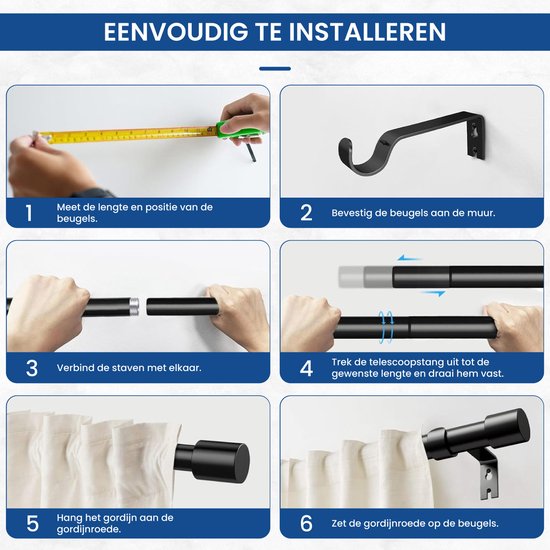 Stappenplan voor het installeren van een zwarte gordijnroede met een meetlint, beugels en roede.
