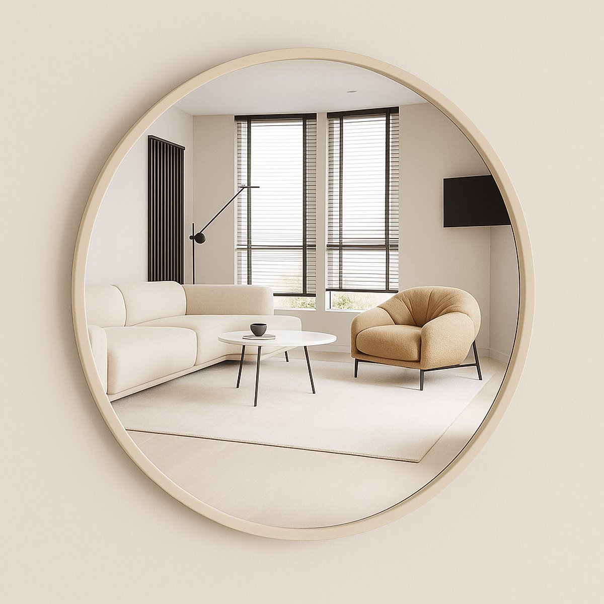 LuxeHome Ronde Wandspiegel met Creme Rand – Moderne Minimalistische Spiegel – Industrieel Design – Ø50 cm – Voor Woonkamer, Badkamer of Hal