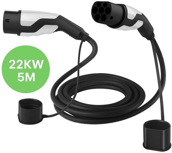 Câble de recharge VoltEdge 22 kW Type 2 | Câble triphasé 32 A, 5 mètres, Zwart et Wit , avec sac de transport