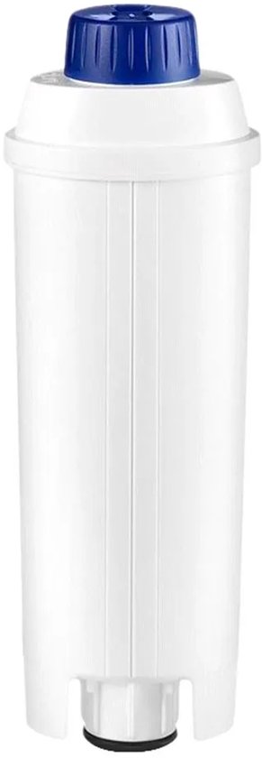 Wit De'Longhi waterfilter met gestreepte textuur en blauwe dop, op witte achtergrond.