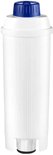 Wit De'Longhi waterfilter met gestreepte textuur en blauwe dop, op witte achtergrond.