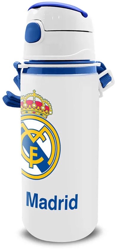 Witte Real Madrid drinkfles (600ml) met blauwe dop en het clublogo.