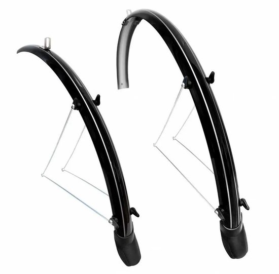 Set van twee glanzend zwarte Bonin fietsspatborden met zilveren strepen, inclusief metalen bevestigingsstangen.
