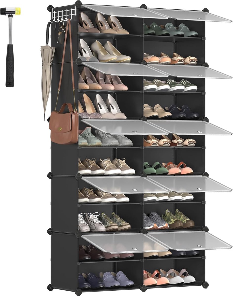 Schoenenrek met 10 vakken, schoenenkast, 30 x 40 x 30 cm per vak, smal, met deuren, stalen frame, kunststof, voor hal, slaapkamer, entree, zwart