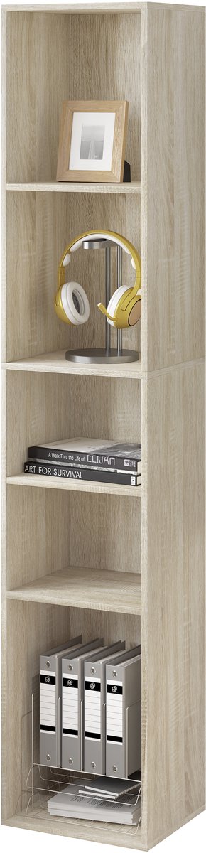 BukkitBow - Staande Boekenkast met Open Vakken - 2 Kleine en 3 Grote Vakken - Geschikt voor Woonkamer en Slaapkamer (30X26X151CM) - Licht Eikenhout