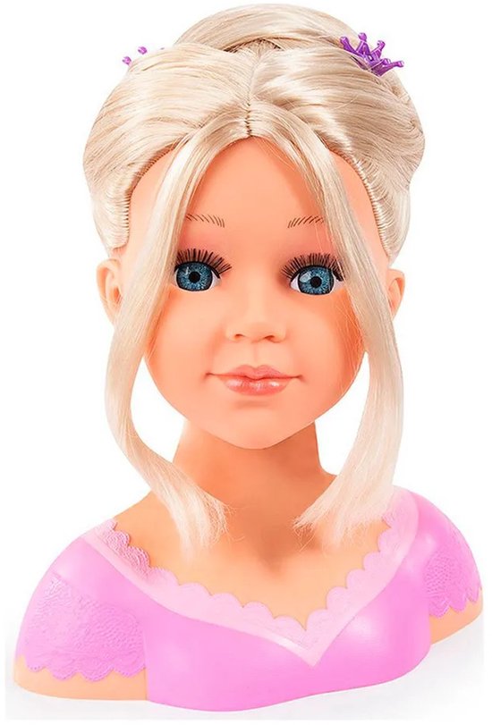 Blond kaphoofd met opgestoken haar, blauwe ogen en een paars kroontje.
