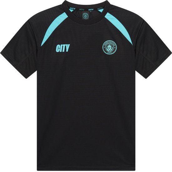 Zwart Manchester City T-shirt met lichtblauwe accenten op de schouders en opdruk 'CITY' en clublogo.
