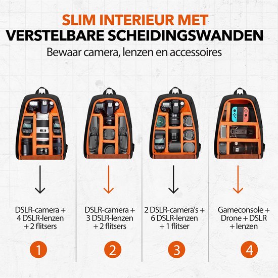 Overzicht van een zwarte rugzak met aanpasbare oranje verdelers, gevuld met camera-apparatuur en een gameconsole.