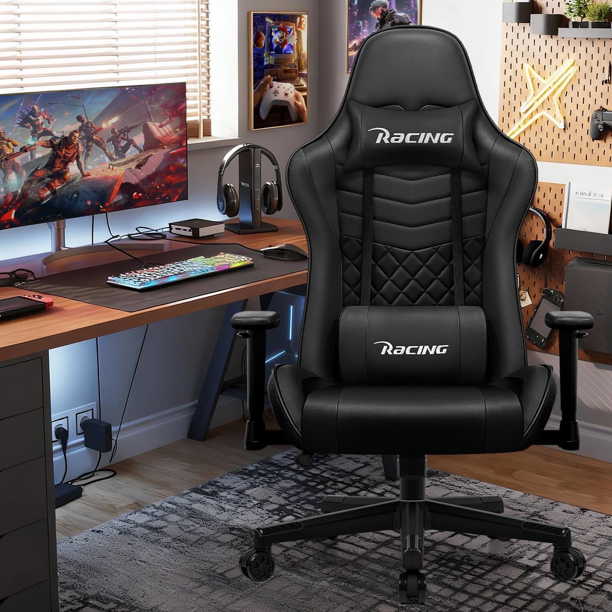 Elekiatech Gaming Stoel - 90°-170° Rugleuning - Gamestoel - Racing Style - Gaming Chair- Max Draaggewicht 150 kg - Game Stoel - Zwart