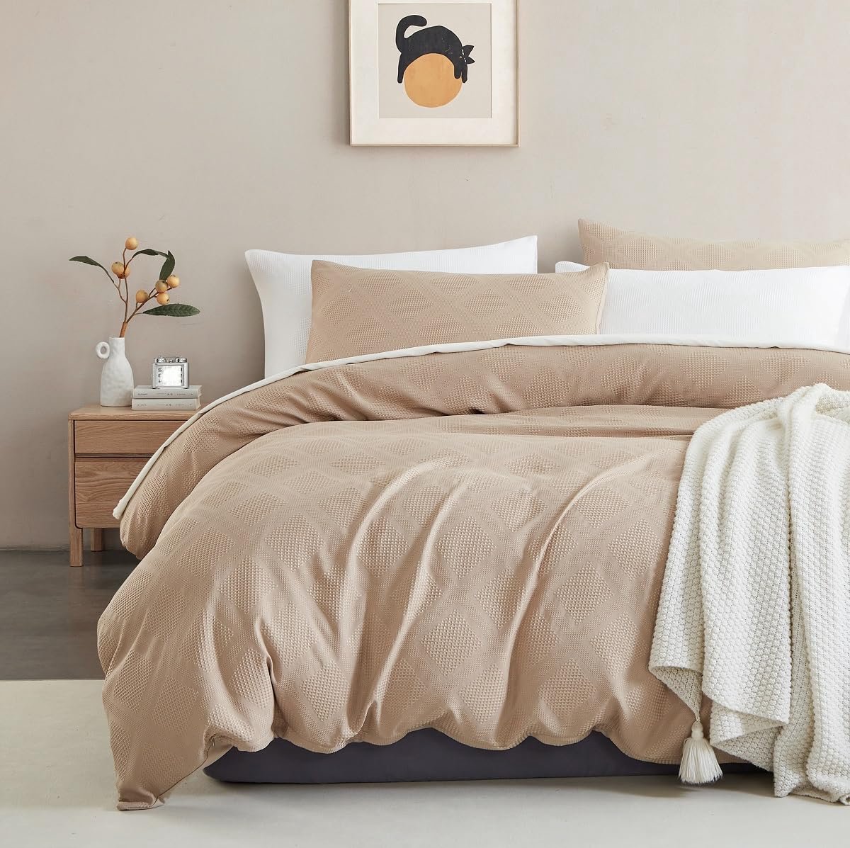 Unyqoos Omkeerbare beige beddengoedset met geometrisch patroon en ritssluiting