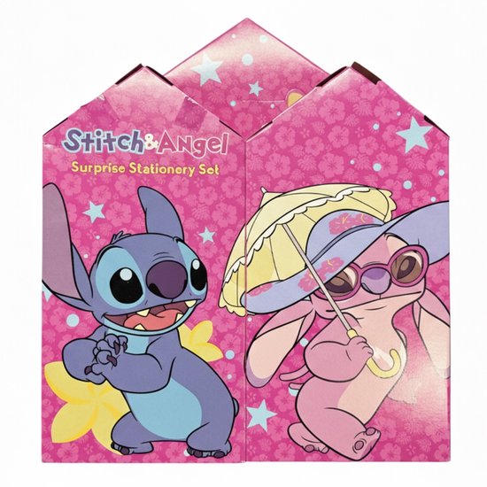 Roze verrassingsschrijfwarenset met Stitch en Angel. Stitch is blauw, Angel is roze met een paraplu en zonnebril.