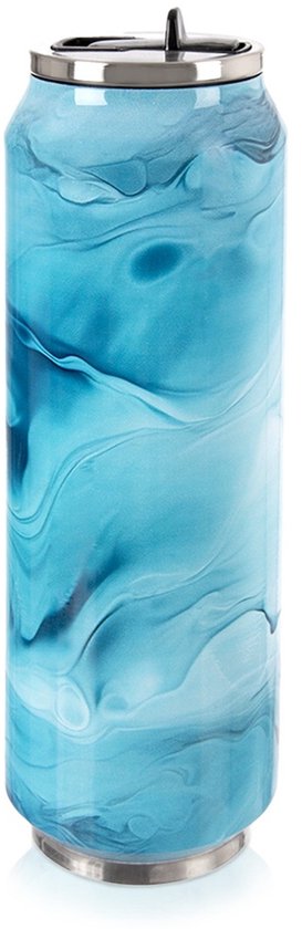 Blauwe thermosbeker met marmerpatroon in blikvorm, met metalen dop en bodem.