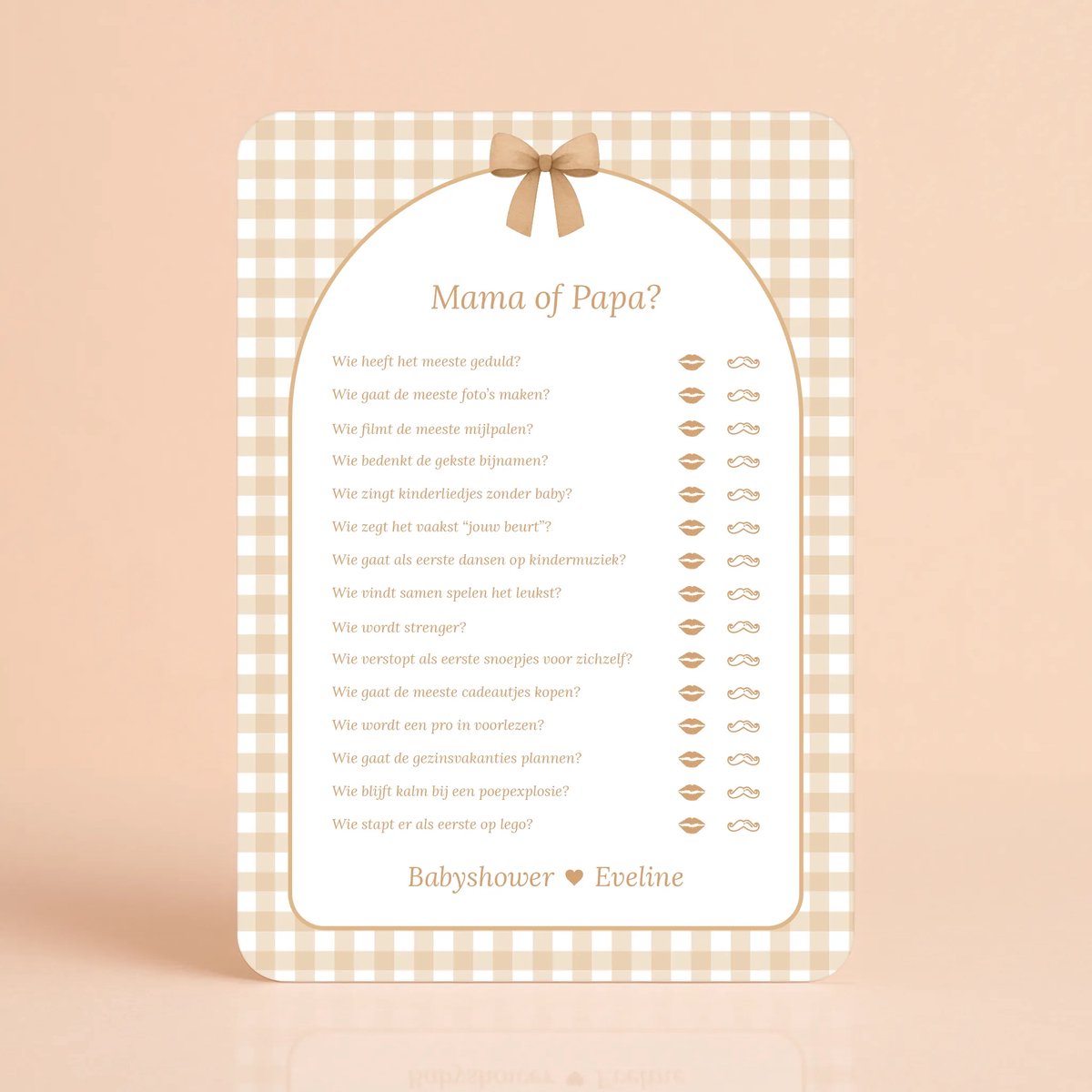 Gepersonaliseerde Gender Reveal & Babyshower invulkaarten – Mama of Papa – Gingham Bruin - 20 Stuks - Babyshower Cadeau - Babyshower Spelletjes