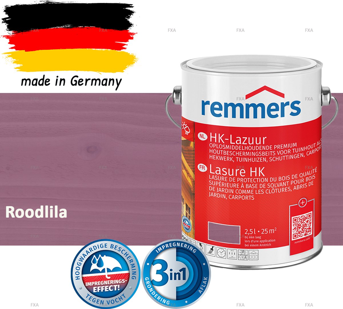 Remmers HK-Lazuur 3in1 Roodlila 2,5L – Premium Houtbeschermingsbeits voor Buiten – Oplosmiddelhoudend – UV- & Vochtwerend – Impregneer, Grondlaag & Beits in Eén
