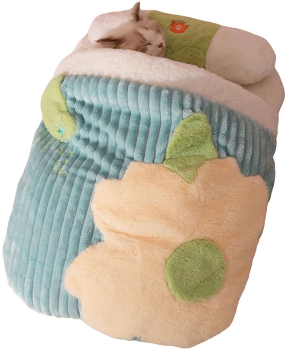 Half Gesloten Kattenbed met Kussen – Zacht & Warm Kattenhuis voor Winter – Comfortabel Kattennest met Hoofdkussen – Groot Formaat 64×44cm – Blauw & Oranje - ANMI