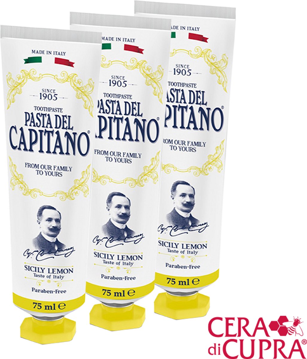 Pasta del Capitano 1905 Limone di Sicilia - 3 tubes tandpasta € 8,95 per stuk, inclusief tubeknijper: the taste of Italy met biologisch citroenextract uit Sicilië, een heerlijk frisse smaak en beschemt uw tanden en tandvlees