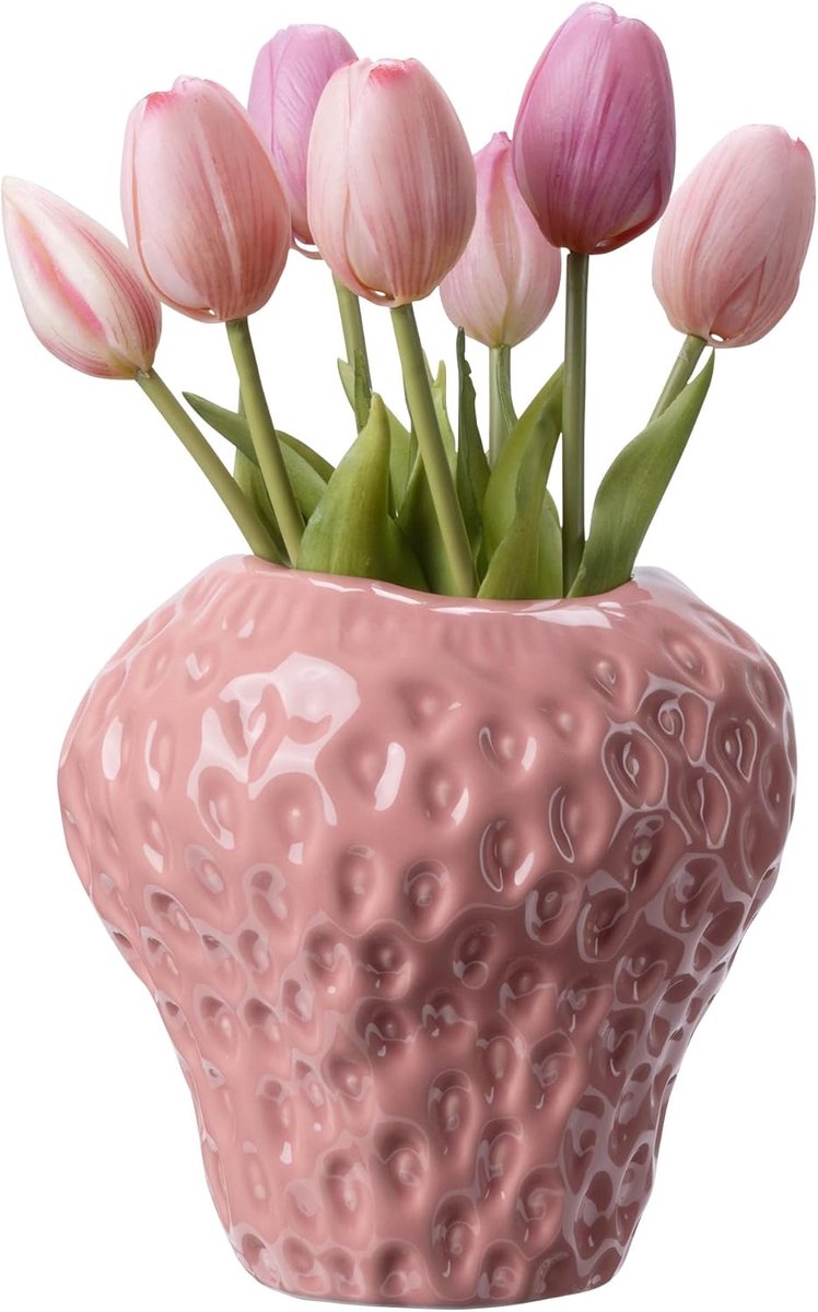 Famanu Aardbei vaas van dolomiet – Decoratieve vazen – Decoratie voor woonkamer of slaapkamer – Deco bloemenvaas in roze van hoogwaardig materiaal met elegante vorm, modern design, modern accent voor woonkamer of eettafel poederroze